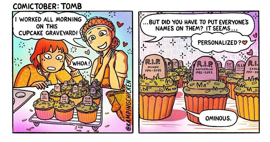 Comic art shows two women admiring cupcake graveyard with personalized tombstone toppers in a quirky life summary comic.