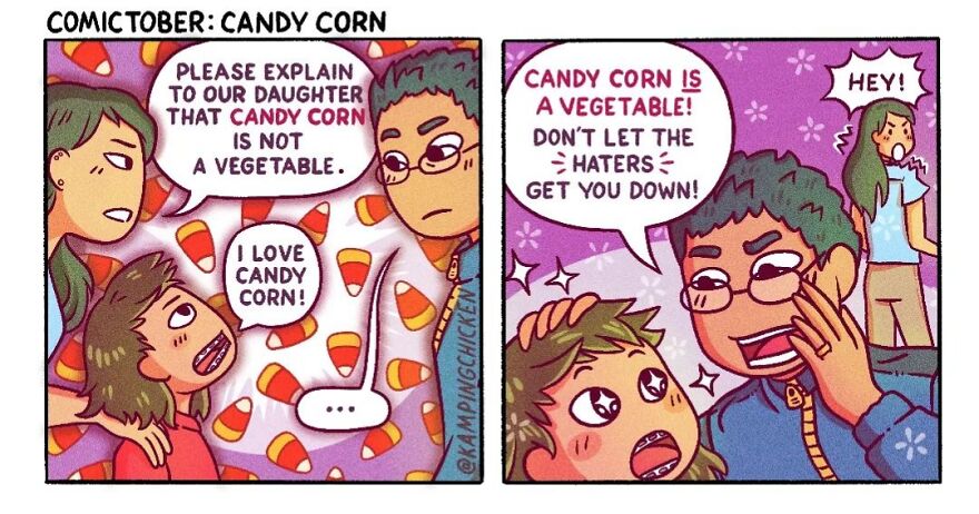 Comic panel from artist creating comics that sum up her life, featuring a humorous candy corn debate with family members.