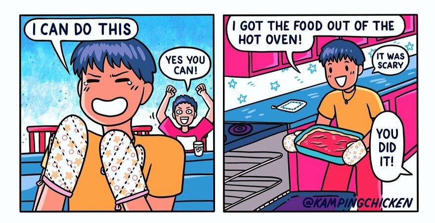Comic artist creates colorful comics depicting everyday life moments and weird experiences with humor and charm.