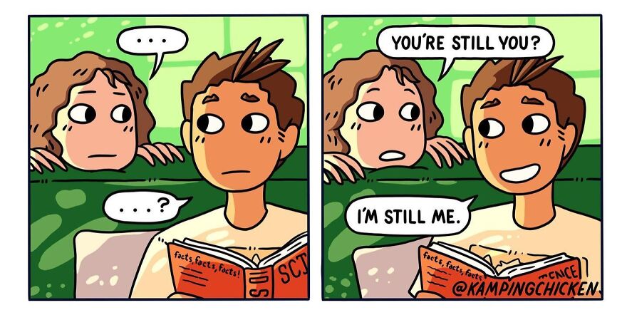 Comic panels showing two characters having a conversation, illustrating an artist's comics about life and its weird moments.