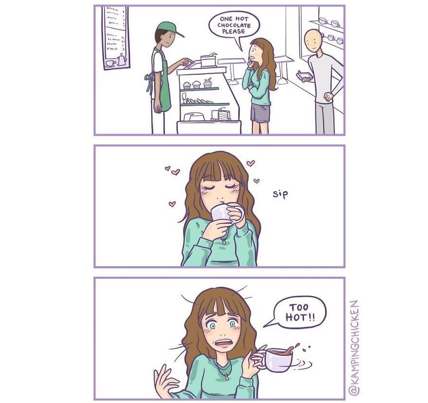 Comic artist illustrates her life with relatable moments including ordering and drinking hot chocolate in a cafe setting.