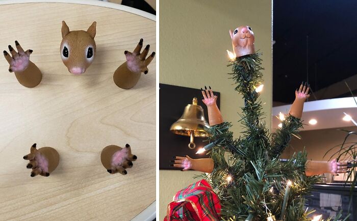 Funny products featuring squirrel-like arms and head decorations on a table and a Christmas tree.
