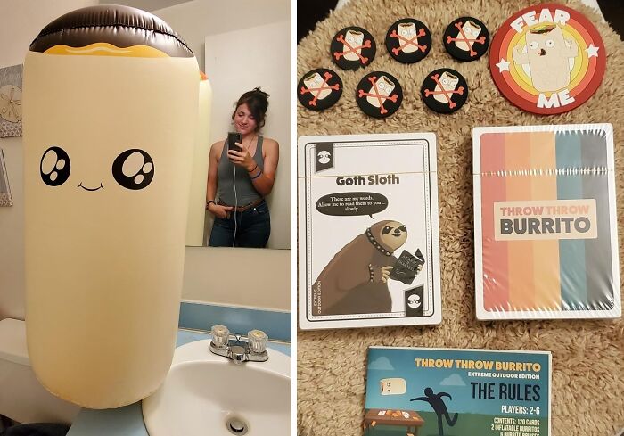 Inflatable burrito costume and Throw Throw Burrito game set for funnier 2024 moments.