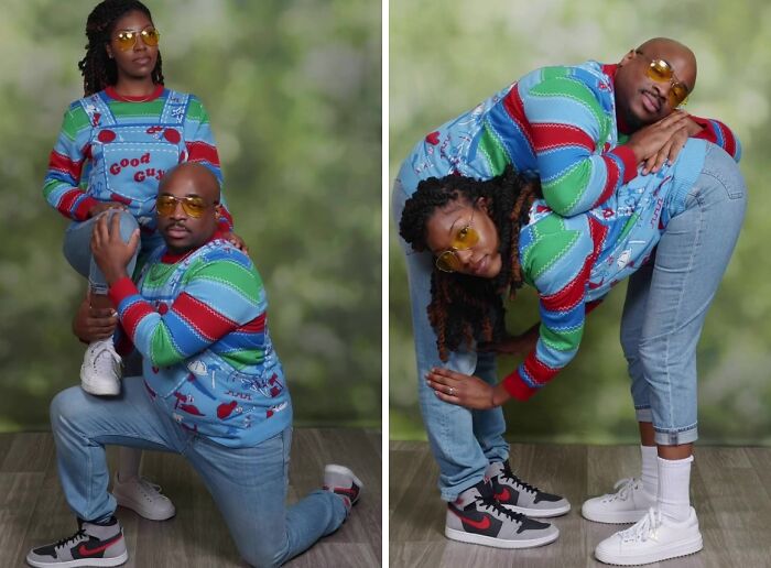 Awkward holiday photo trend at JCPenney showcasing a couple in fun poses wearing matching colorful outfits.