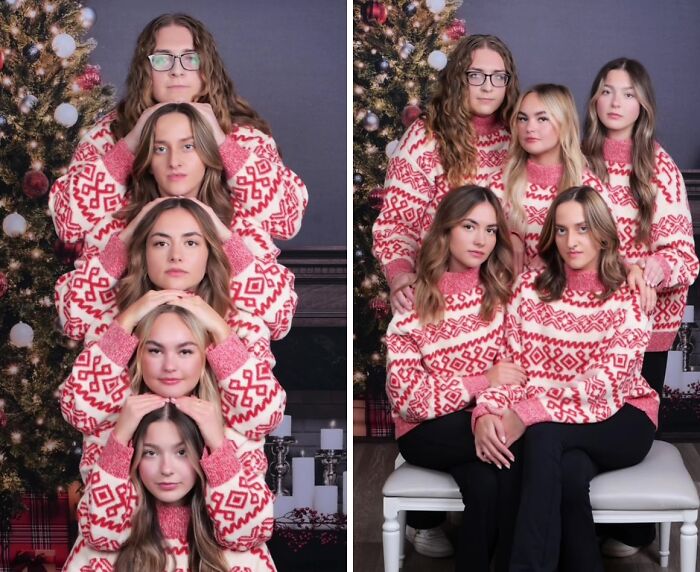 Awkward holiday photo trend at JCPenney with five women in red sweaters in front of a Christmas tree.