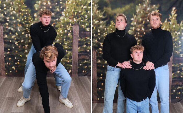 Awkward holiday photo trend with three men posing humorously at JCPenney, wearing black sweaters and jeans.