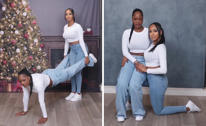 Two women in coordinated outfits posing for a funny holiday photo in front of a Christmas tree backdrop.
