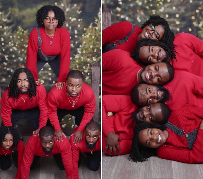 Group in red sweaters pose for funny JCPenney holiday photo trend, showcasing creative and awkward formations.