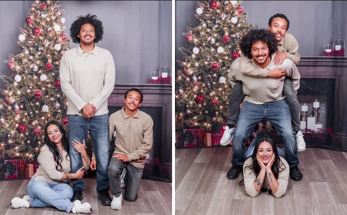 Awkward holiday photo trend at JCPenney with family posing humorously in front of a Christmas tree.