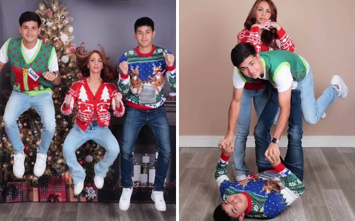 Awkward holiday photo with family in festive sweaters, one jumping, another holding up a member on the floor.
