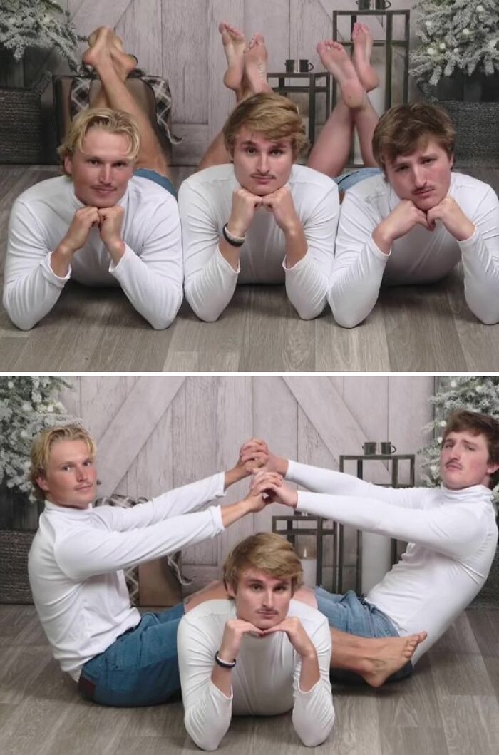 Awkward holiday photo with three men in matching shirts and shorts posing humorously at JCPenney.
