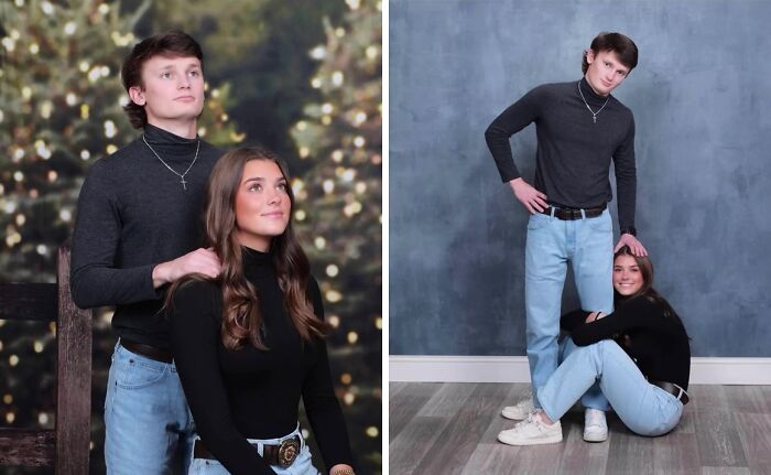 Awkward holiday photo trend at JCPenney featuring a couple in playful poses, wearing casual outfits against festive backgrounds.