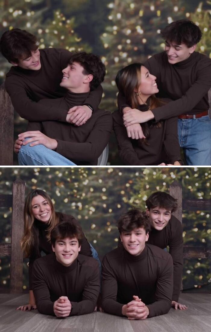 Group posing awkwardly for a viral JCPenney holiday photo, wearing matching brown outfits in a festive setting.