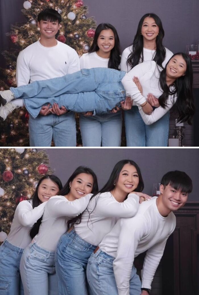 A family poses humorously for an awkward JCPenney holiday photo in front of a Christmas tree.