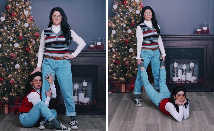 Two women in awkward holiday photo poses with Christmas decor at JCPenney, creating a humorous and viral photo trend.