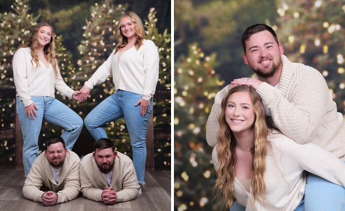 Awkward holiday photo trend featuring two couples posing humorously with a festive backdrop at JCPenney.