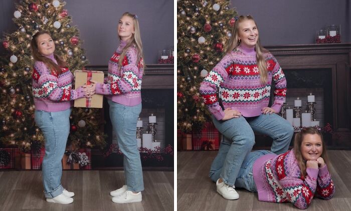 Two women in awkward holiday photos at JCPenney, wearing matching sweaters in front of a Christmas tree and fireplace.