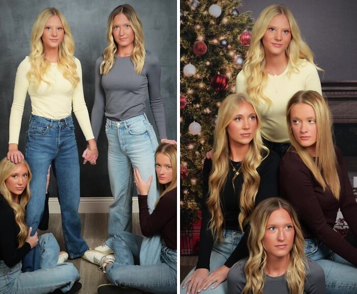 Awkward holiday photo trend at JCPenney featuring women posing humorously in front of a Christmas tree.