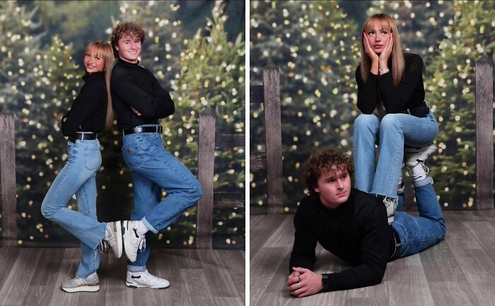 Awkward holiday photo trend at JCPenney: two people in matching outfits posing humorously against a festive backdrop.