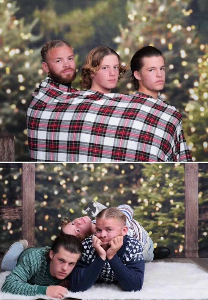 Three people wrapped in a plaid blanket for an awkward holiday photo at JCPenney, with a funny staged pose.