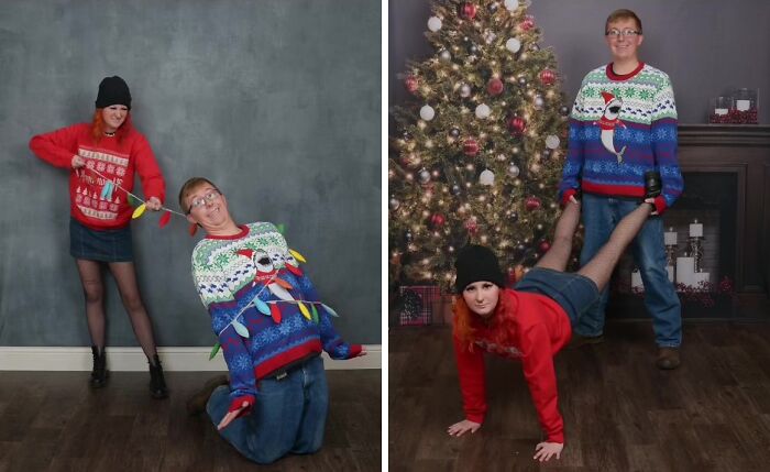 Awkward JCPenney holiday photo with two people in festive sweaters, striking humorous poses in front of a Christmas tree.