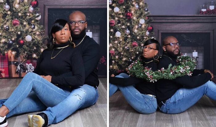 Couple posing humorously in front of a Christmas tree, part of the viral awkward holiday photo trend at JCPenney.