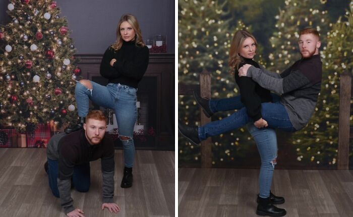 Couple poses in awkward holiday photo trend at JCPenney, featuring funny and unusual holiday scene setups.