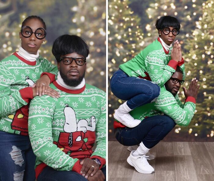 Two people in holiday sweaters striking funny poses for awkward holiday photo trend at JCPenney.