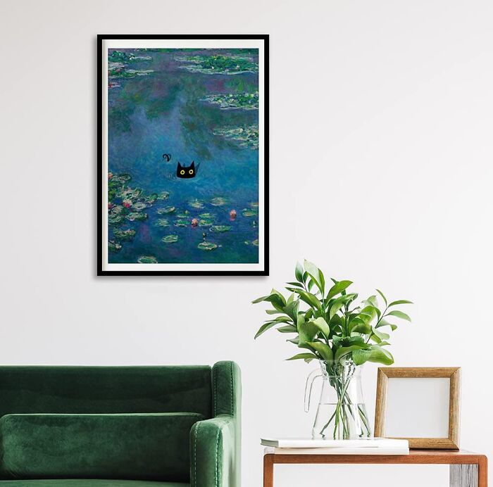 Room with framed wall art and green sofa