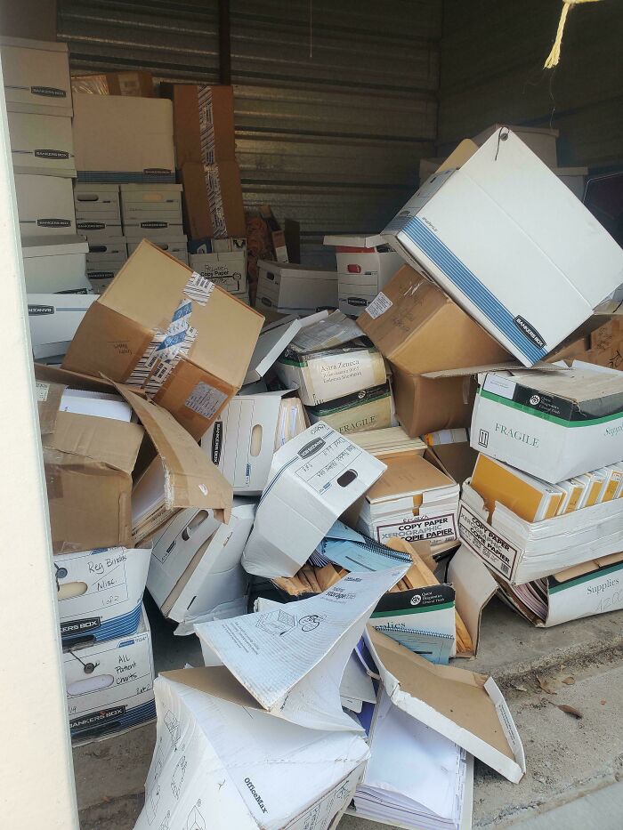 Went To Store 15 Heavy Boxes Of Records By Myself. Found The Storage Unit Like This When I Opened The Door. Coworker Said "Can't You Just Put What You Took In There For Now?"