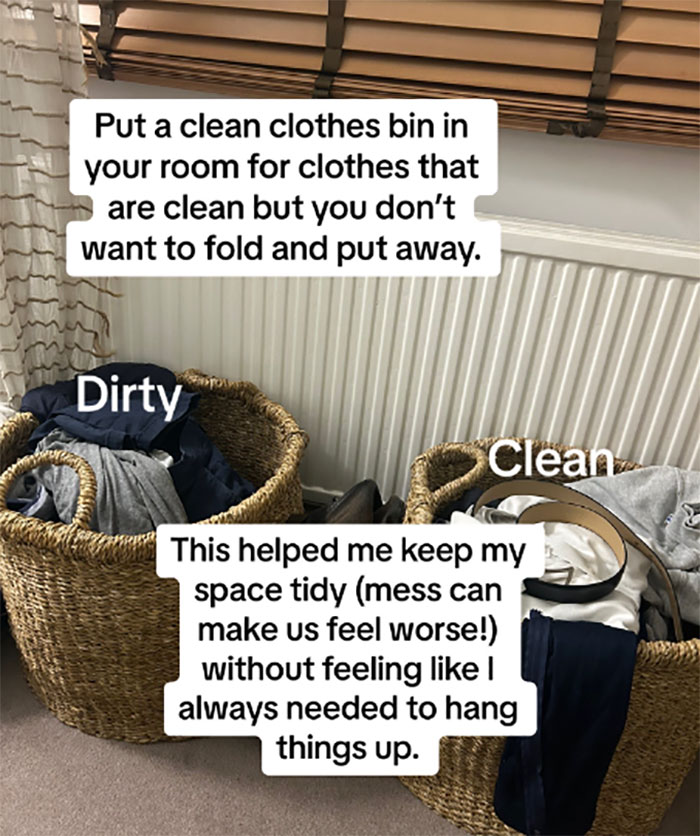 Baskets labeled clean and dirty clothes as burnout advice to simplify chores, promoting a tidy space.