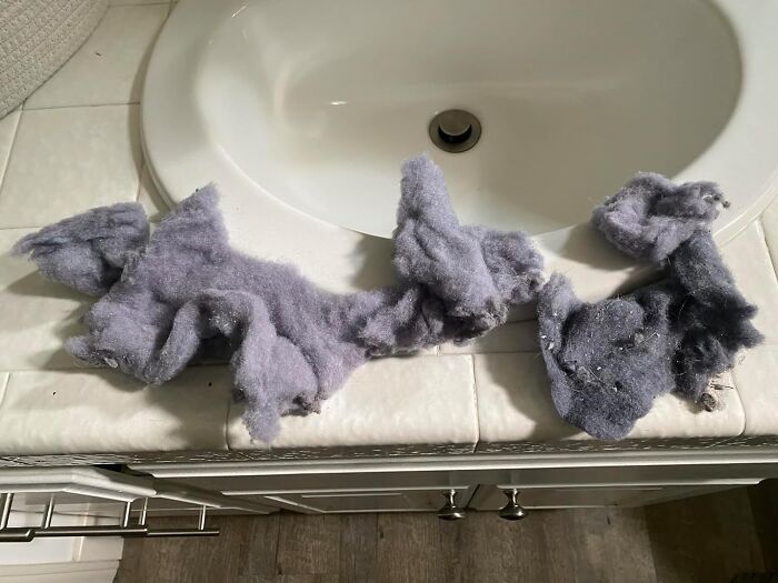 Gray lint pile on a bathroom sink, highlighting a cleaning mission product for Operation Fresh Start.