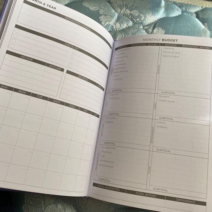 Open planner showing monthly budget and goal-setting pages for success and pursuing goals in 2025.