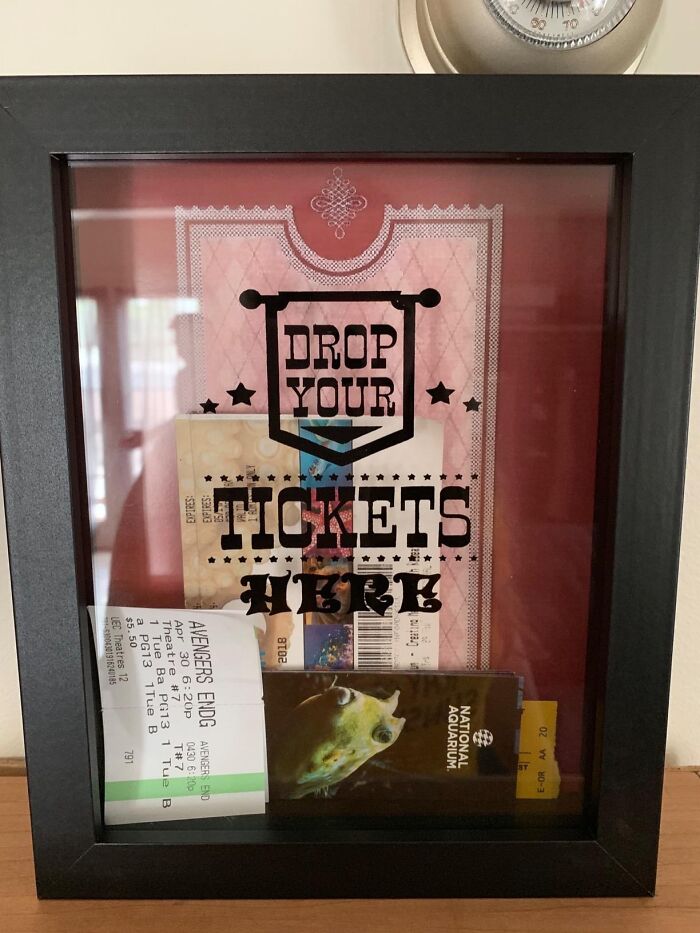 Shadow box display for unique gifts with collected event tickets.