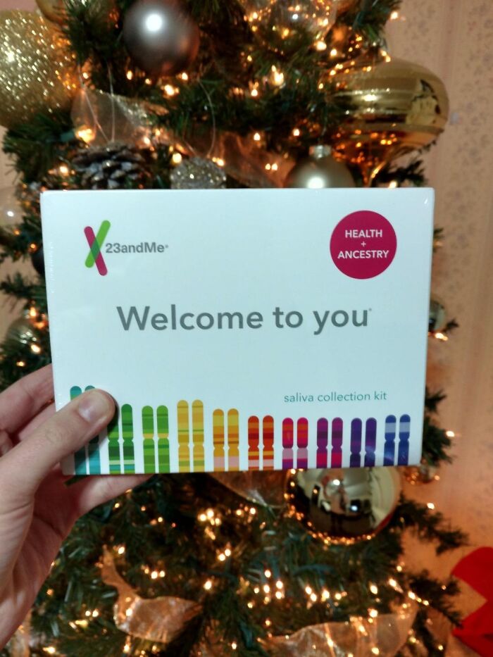 DNA kit gift on Christmas tree, ideal last-minute Amazon Prime purchase.