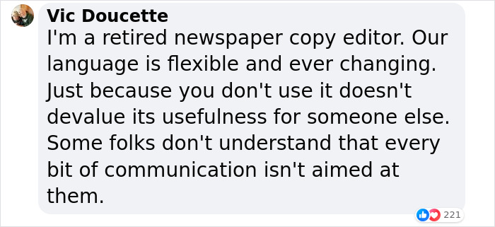 Text comment on language evolution by a retired newspaper editor, discussing communication's flexibility and relevance. Text comment on language evolution by a retired newspaper editor, discussing communication's flexibility and relevance.