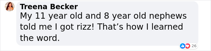 Text message discussing "rizz," a term popular among Gen Z, mentioned by Treena Becker about her nephews. Text message discussing "rizz," a term popular among Gen Z, mentioned by Treena Becker about her nephews.