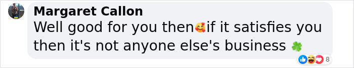 Text comment supporting inked grandmother's tattoo choices with emojis of love and luck.