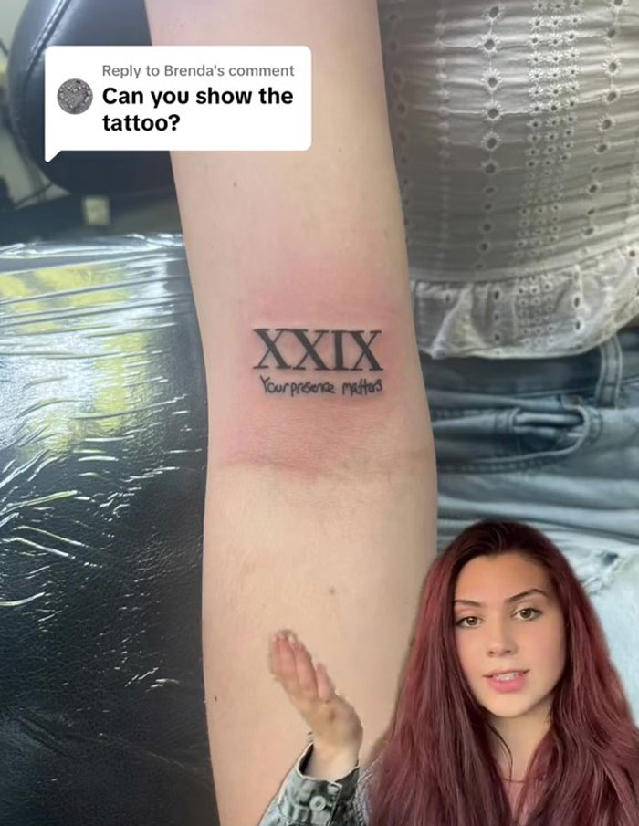 Tattoo of teacher's meaningful handwritten note, "Your presence matters," on a student's arm.