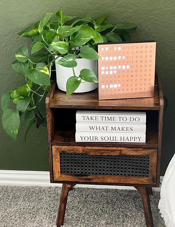 Unique gift idea featuring a wooden nightstand with books and a plant for the father who has everything.