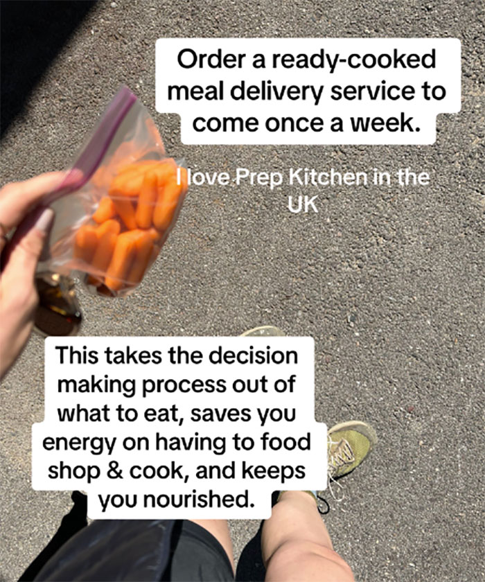 Woman holding bag of carrots and discussing burnout advice, suggesting ready-cooked meal deliveries for simplicity.