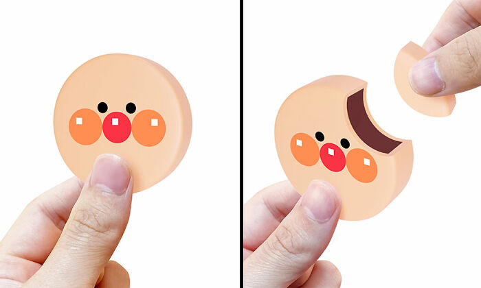 Hands holding a cute and funny everyday invention with a removable face cover, ideal for household use.