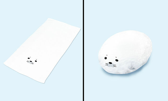 Soft white towel and plush cushion featuring a cute seal face, an everyday invention for your house by Kazuya Ishikawa.
