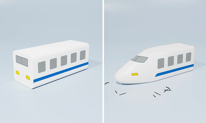 Cute and funny everyday invention showing a transformable train-shaped household item with broken pieces.