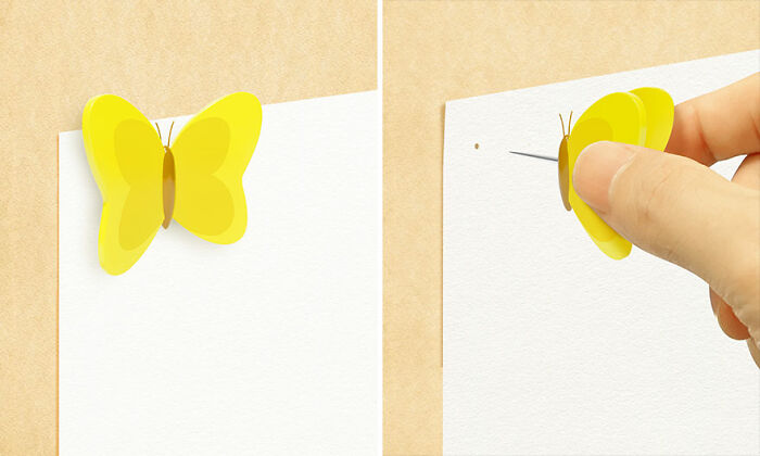 Yellow butterfly-shaped push pins holding paper on a corkboard, a cute and funny everyday invention for your house.
