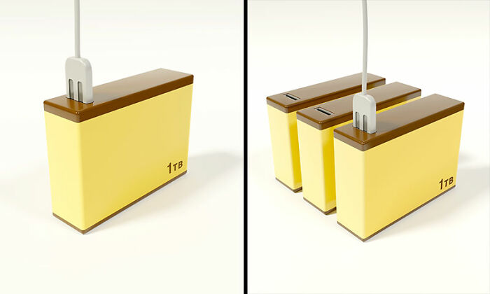 Yellow and brown 1TB storage devices designed as toasters plugged in, showcasing cute and funny everyday inventions for your house.