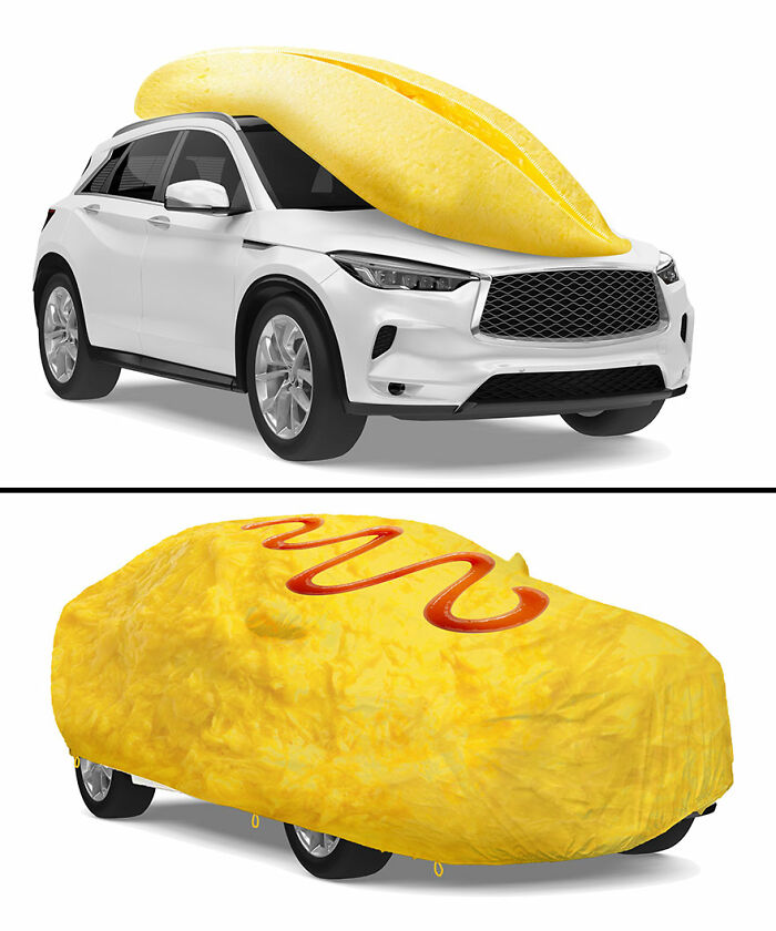 White SUV with a giant yellow omelette on top and a matching omelette car cover with ketchup design, showcasing cute and funny inventions.