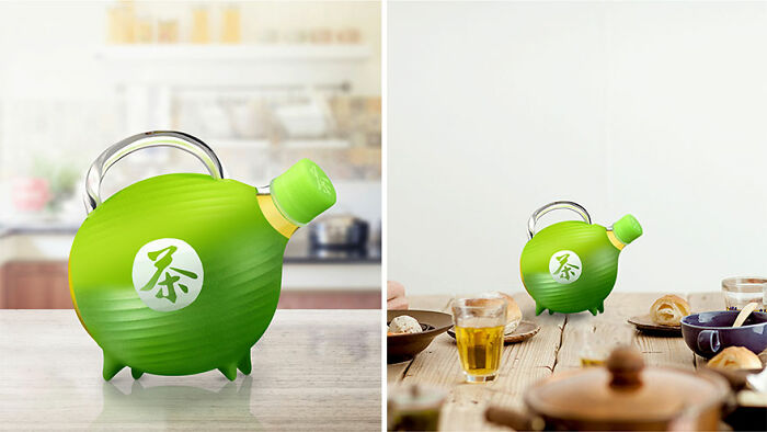 Green pig-shaped teapot with a handle and spout, a cute and funny everyday invention for the house.