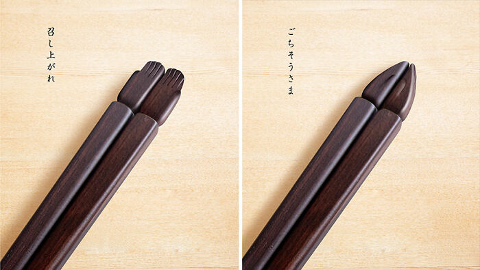 Set of cute and funny everyday wooden chopstick inventions designed like hands for easy gripping and playful use at home.