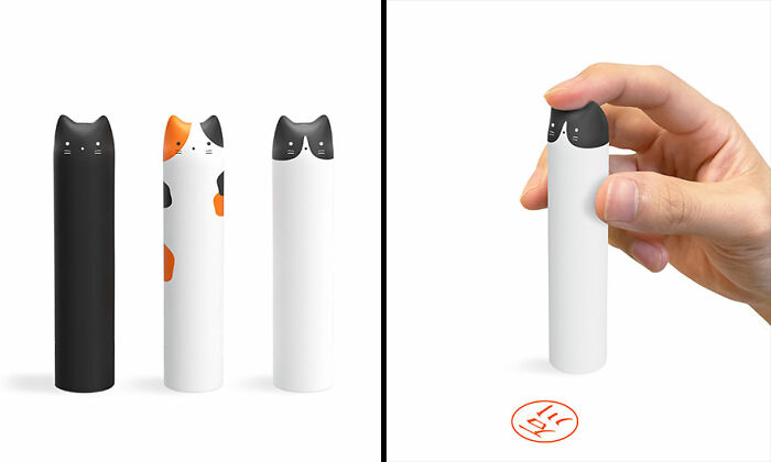 Three cute cat-shaped everyday inventions standing upright and one being held by a hand, showcasing funny household gadgets.